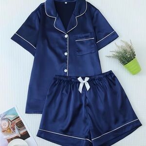 Elegant Midnight Blue Satin Pajama Set